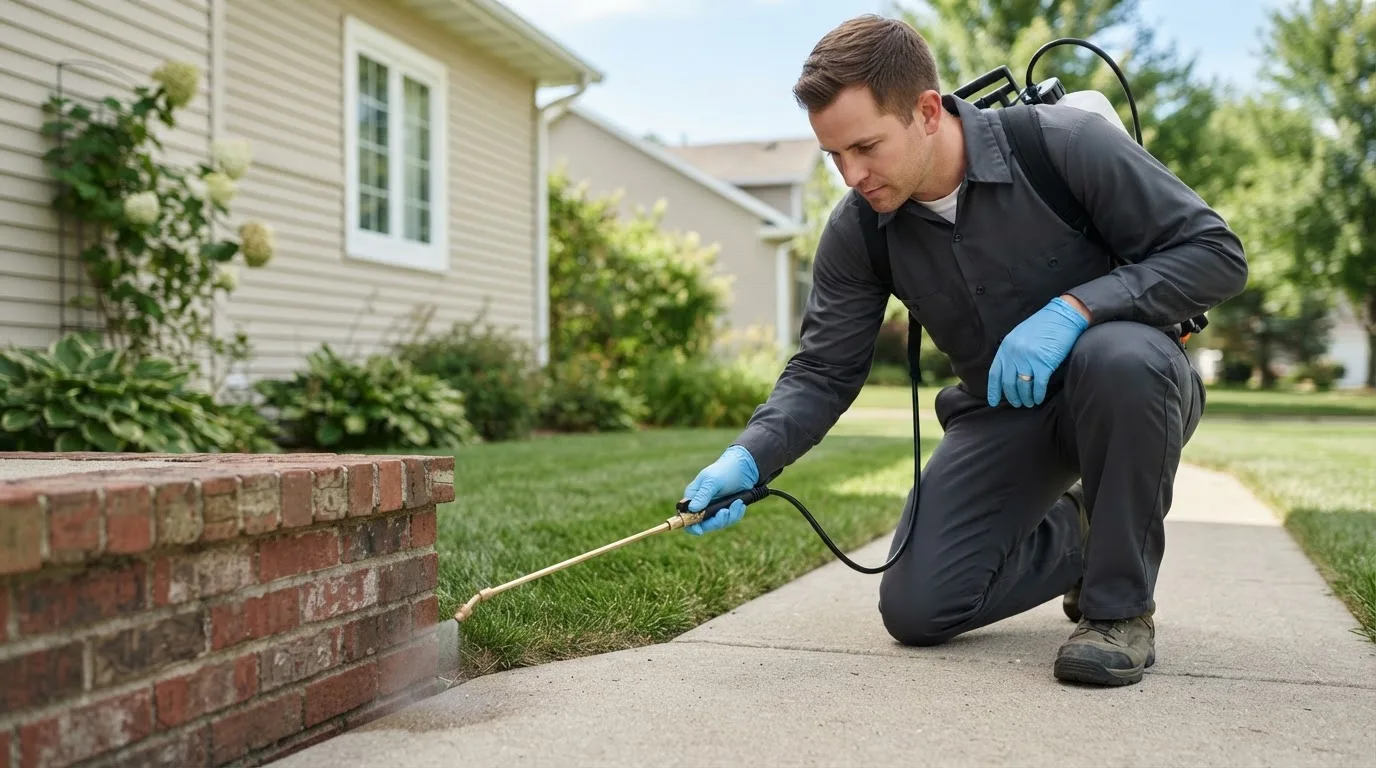 Pest control technician treating a home near West Danville, VT